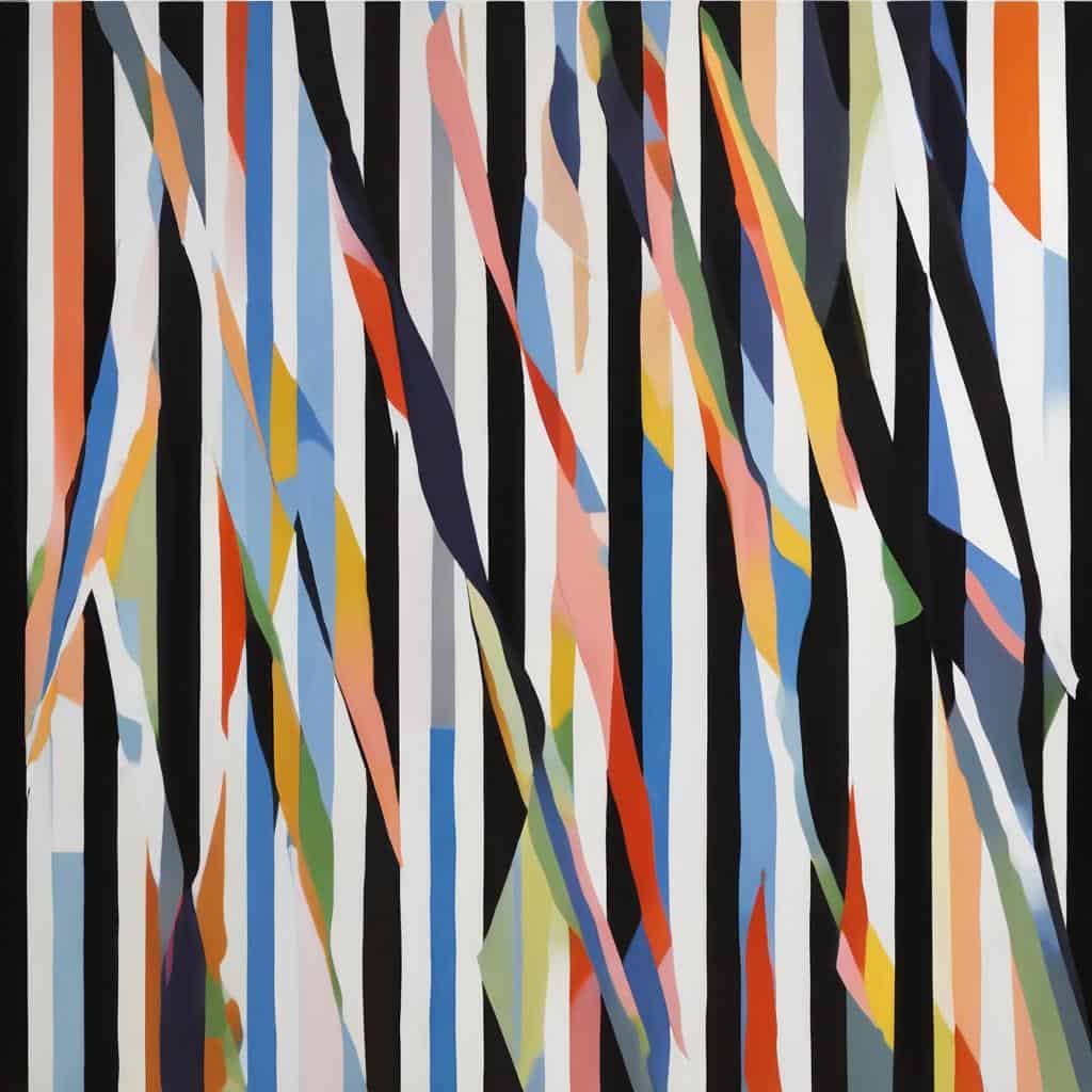 κομψό abstract τοπίο με σκούρα γραμμές και πολύχρωμα στοιχεία, εμπνευσμένο από το τοπίο ως εικαστική έμπνευση, σύγχρονη τέχνη, χρωματική παλέτα, καλλιτεχνική δημιουργία, μοντέρνα εικαστική σύνθεση.