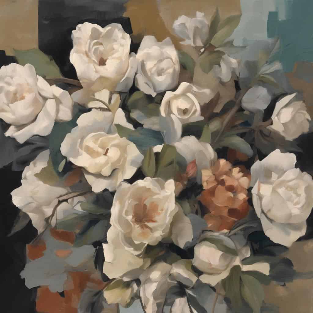 Λευκά τριαντάφυλλα σε ζωγραφικό πίνακα, ιδανικό για έμπνευση τοπίου και τέχνης, με έμφαση στη φύση και την όμορφη σύνθεση.