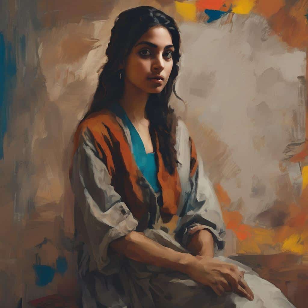 Νέα γυναίκα σε πόστερ, πορτρέτο σε ζωγραφική με έμπνευση το τοπίο, πολύχρωμο, καλλιτεχνικό φόντο, έργο τέχνης, εικαστική έκφραση, προσωπογραφία, δημιουργικότητα, μοντέρνα τέχνη, ζωγραφικό πορτρέτο, θεματική έμπνευση τοπίου.