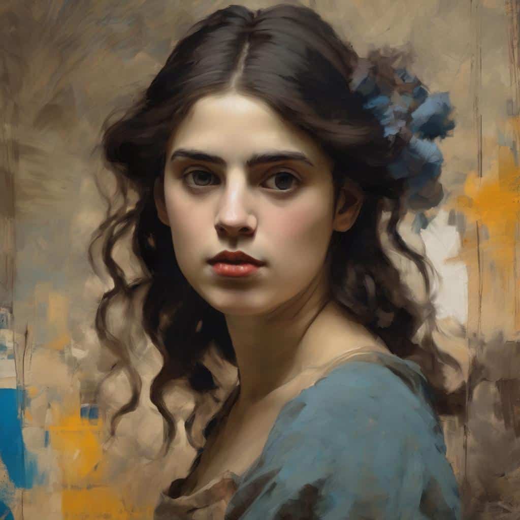 Ομορφη νεαρή γυναίκα με σγουρά μαλλιά σε ατελειωτες παστέλ πινελιές και εικαστική έμπνευση, τοπίο και τέχνη στη δημιουργική κοσμοθεωρία.