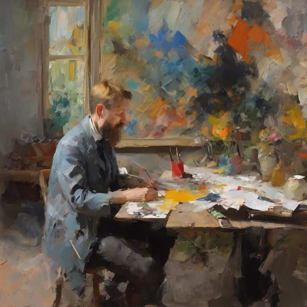 Ζωγράφος που δημιουργεί τοπίο σε στούντιο τέχνης, εικαστική έμπνευση και έργα ζωγραφικής με έντονα χρώματα και ρευστές πινελιές, αναδεικνύοντας τη δυναμική του τοπίου στην τέχνη.