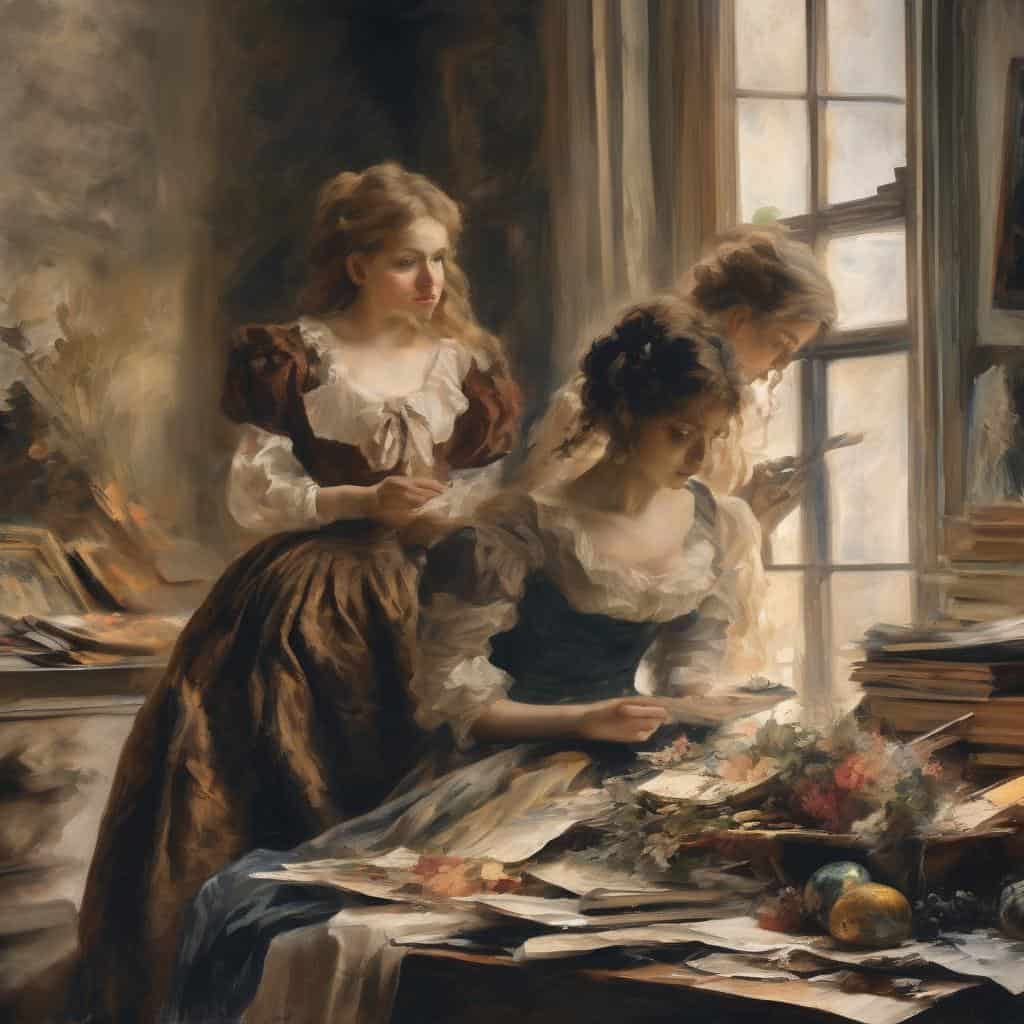 Παραδοσιακός πίνακας με τρεις γυναίκες σε εσωτερικό χώρο, διαβάζοντας και αλληλεπιδρώντας με έργα τέχνης, εκφράζοντας την εικαστική έμπνευση του τοπίου.